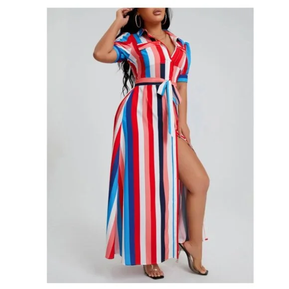 SHEIN VCAY Rainbow Striped Flap Pocket Belted Shirt Dress, Women, Small - Picture 3 of 5